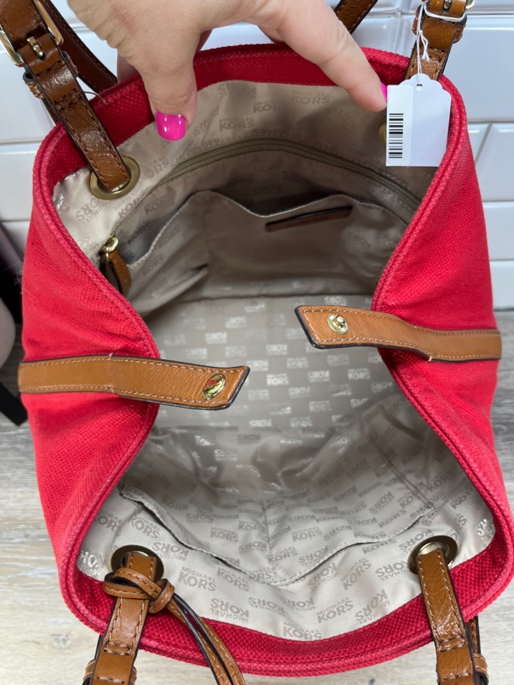 Michael Kors Red Canvas Tote with Brown Leather Straps - Picture 4 of 13